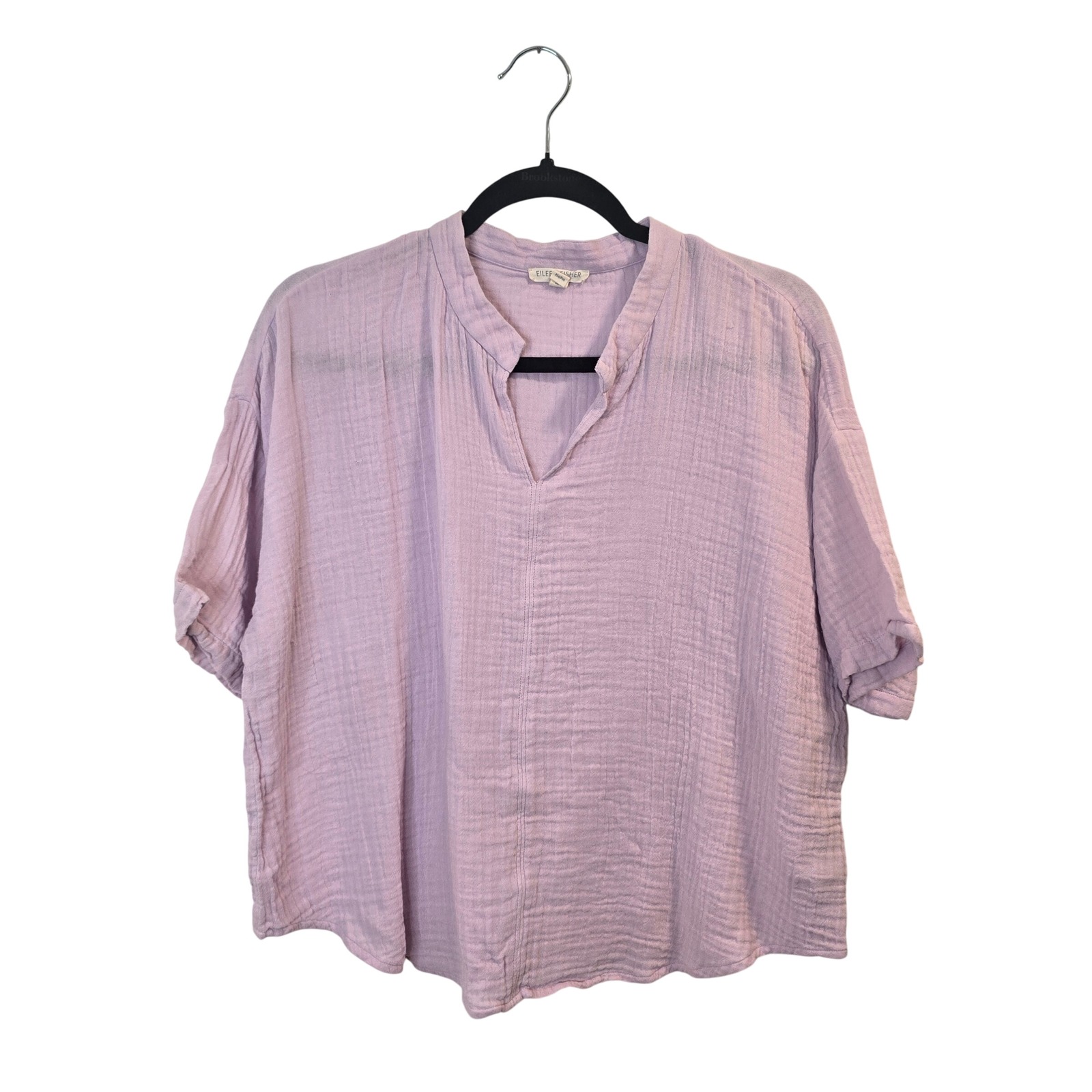 Eileen Fisher Top Women Pm Purple Organic Cotton Gauze Boxy Split Neck Blouse